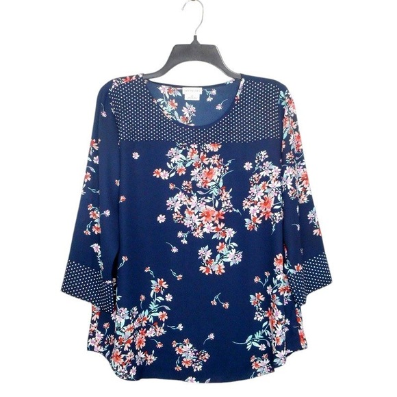 Van Heusen Top Womens Medium Blue Multicolor 3/4 Sleeve Floral Polka Dot Blouse - Picture 1 of 13